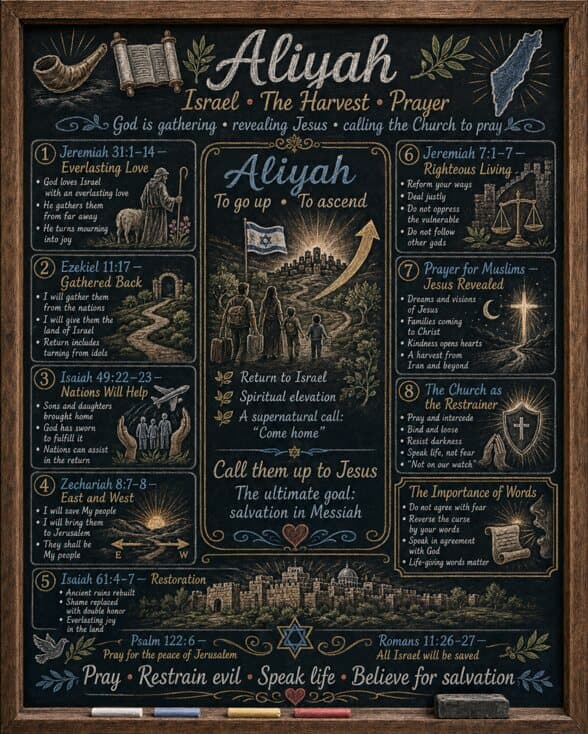 Chalkboard teaching about Aliyah, Israel, the harvest, and prayer